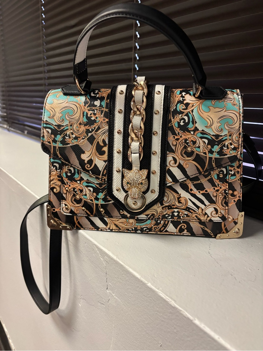 Aldo Black, Turquoise & Gold Decorative Top-Handle Shoulder Bag